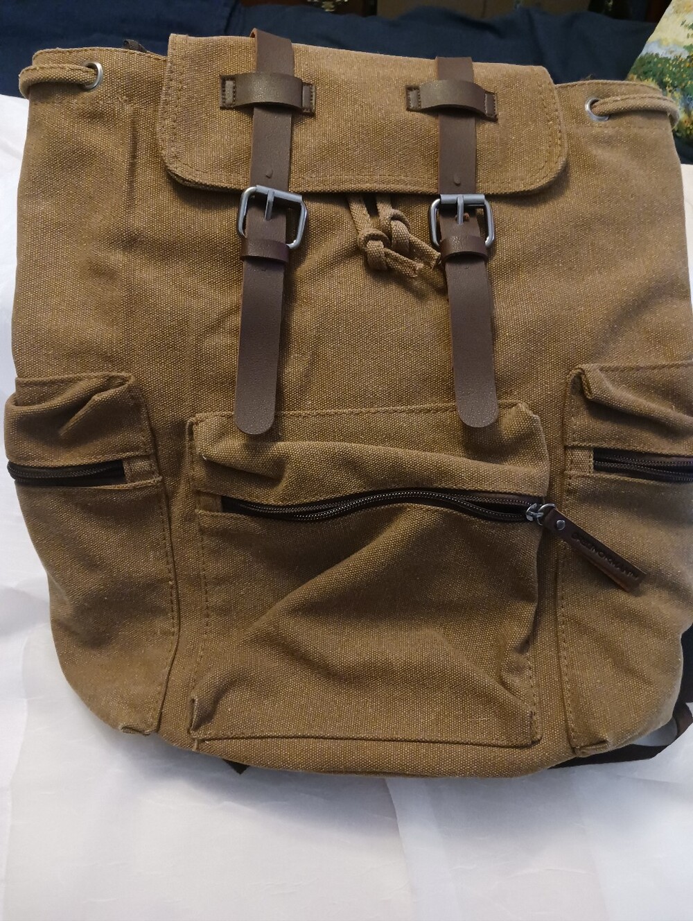Greg Norman Collection Brown Canvas Backpack with Leather Trim